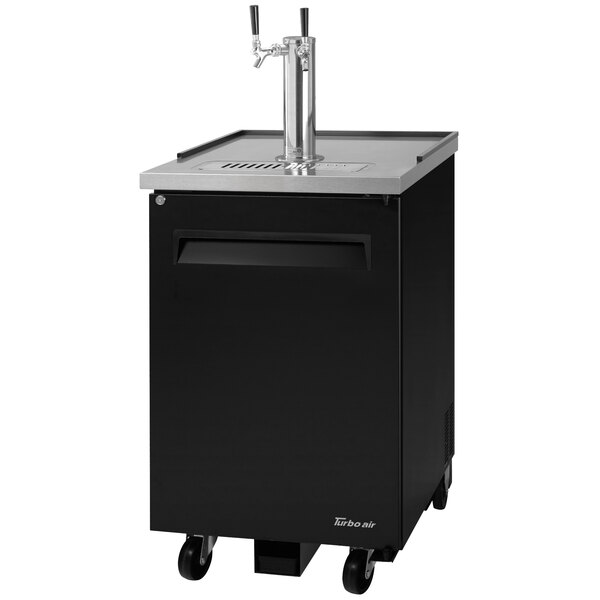 A black and silver Turbo Air double tap beer dispenser.