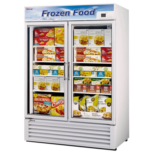 A Turbo Air 2 door glass door merchandiser freezer with frozen food inside.