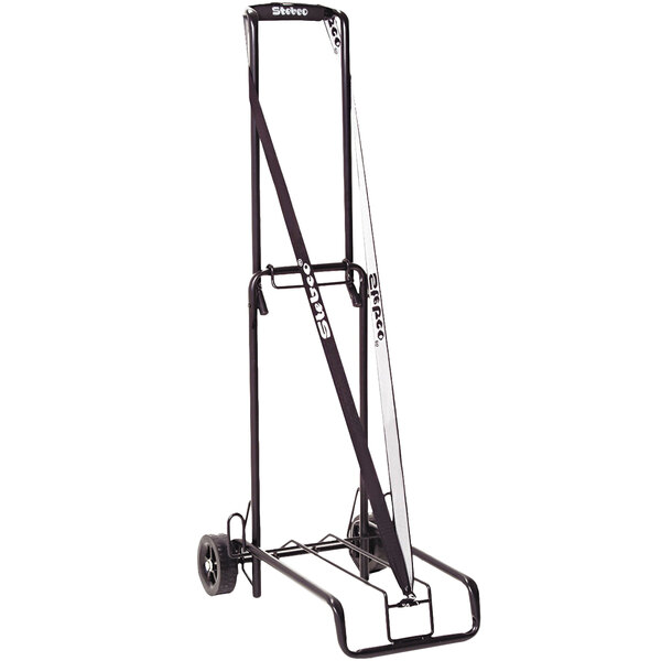 A black Stebco luggage cart with wheels and a handle.