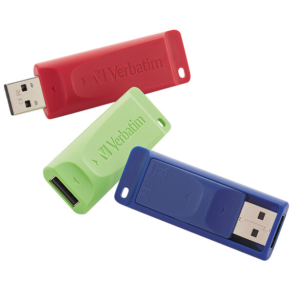 Three Verbatim Store 'n' Go USB flash drives in red, blue, and green.