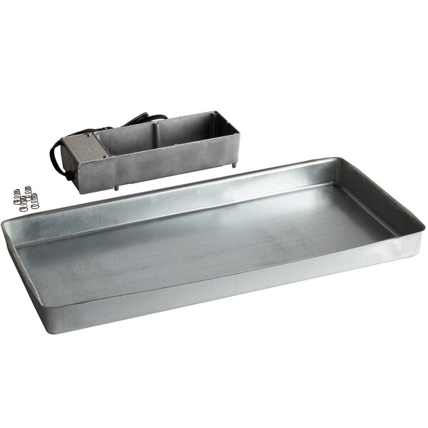 A rectangular metal tray with a metal box and a metal tray.