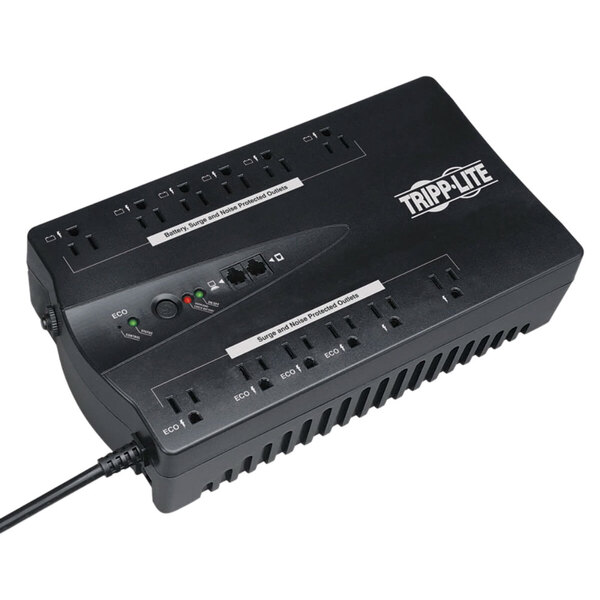 A black Tripp Lite power strip with 12 outlets and a power cord.