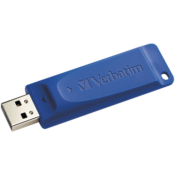 A blue Verbatim USB flash drive.