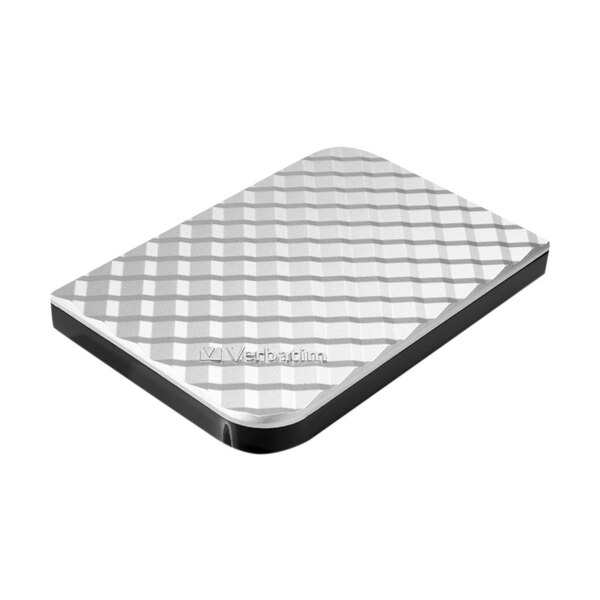 A close up of a silver Verbatim Store 'n Go portable hard drive with a patterned design.