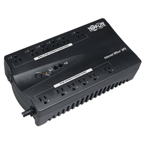 A black Tripp Lite UPS surge protector with 12 outlets.
