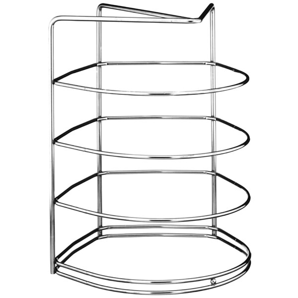A chrome plated metal rack with four spirals on it.
