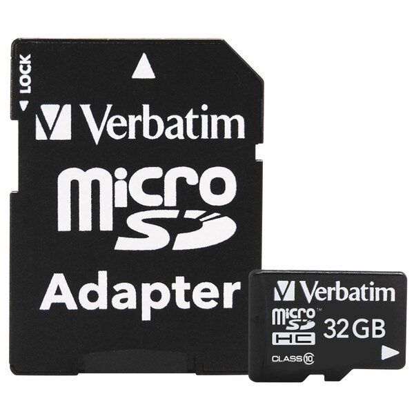 A close up of a black and white Verbatim microSD card with adapter.