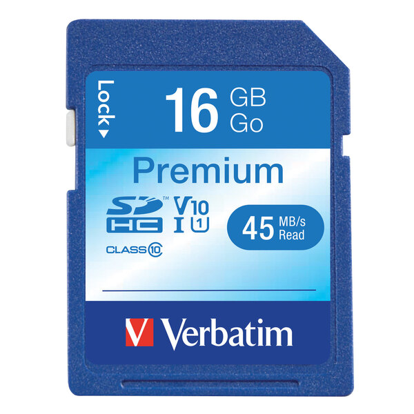 A blue Verbatim SD card with white text.