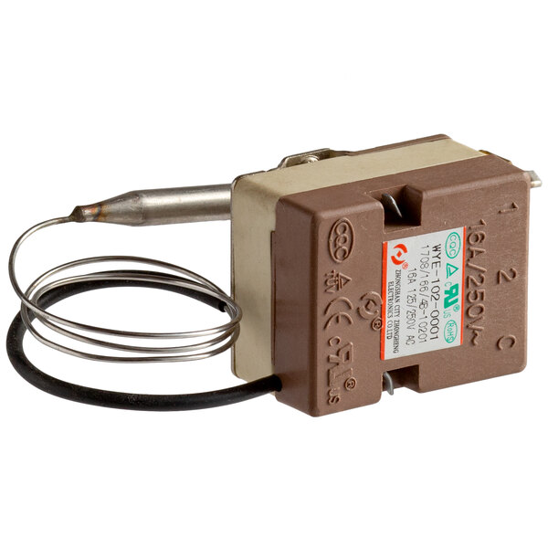 An Avantco thermostat for hot dog equipment with brown and white wires.