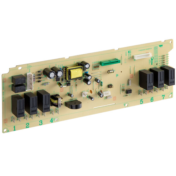 A Solwave power switch control board with electronic components on a circuit board with a yellow object and black border.