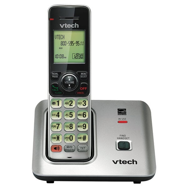 A black and silver VTech cordless phone with a display.