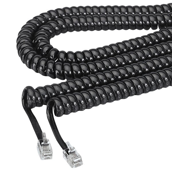 A pair of black Softalk phone handset cords with cables.