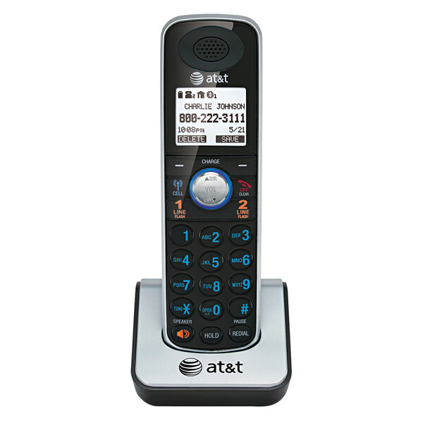 A black AT&amp;T cordless accessory handset with a display.