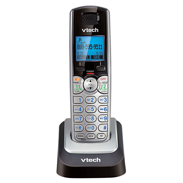 A white Vtech cordless accessory handset with a screen.
