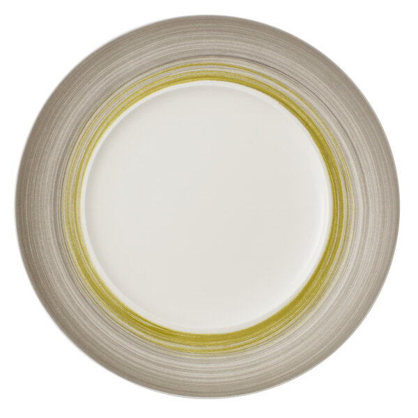 A Villeroy & Boch porcelain coupe plate with a yellow and grey border.