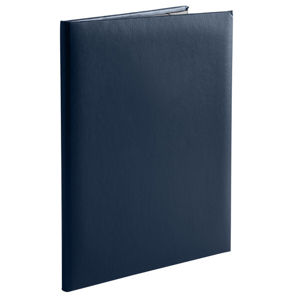 A blue leather menu cover with album style corners.
