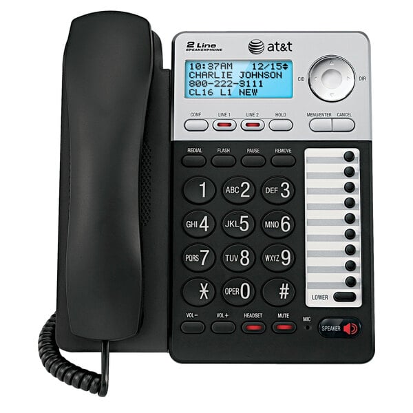 A black and silver AT&T ML17929 2 line corded phone with a display.