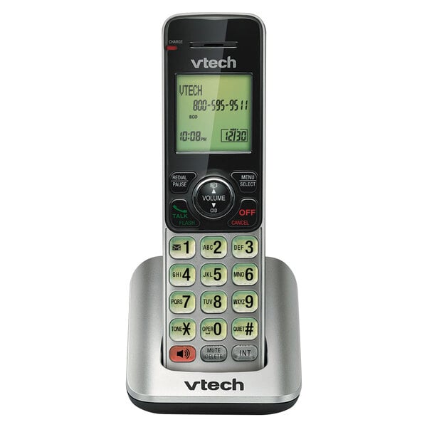 A black and silver Vtech cordless handset with a screen.