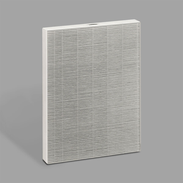 A white rectangular Fellowes HEPA air filter with gray lines on it.