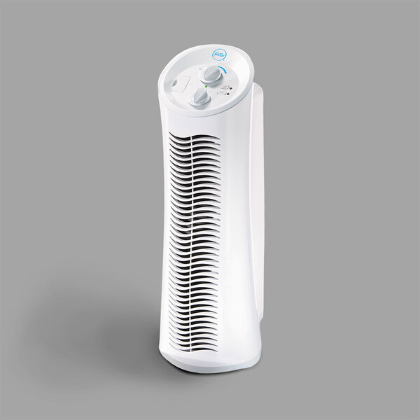 A white tower air purifier with a white vent.