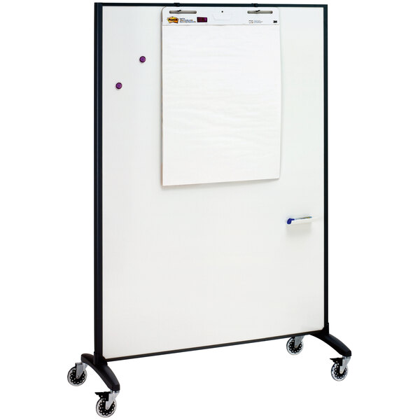 A Quartet whiteboard with a black frame and wheels.