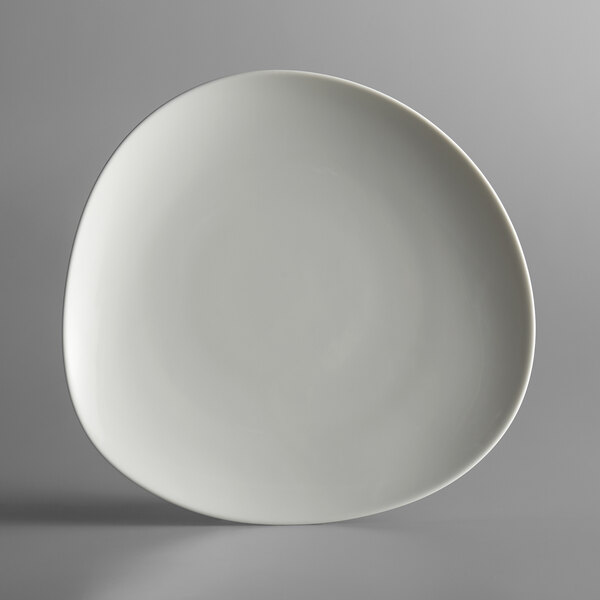 A white Schonwald WellCome plate with a curved edge on a gray surface.
