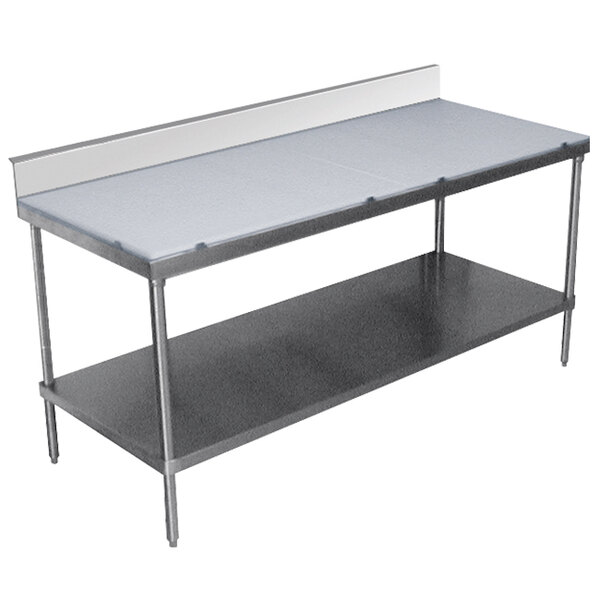 A grey metal Advance Tabco poly top work table with undershelf and backsplash.