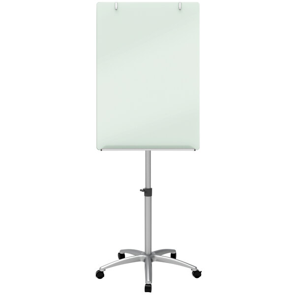 A white board on a silver stand.