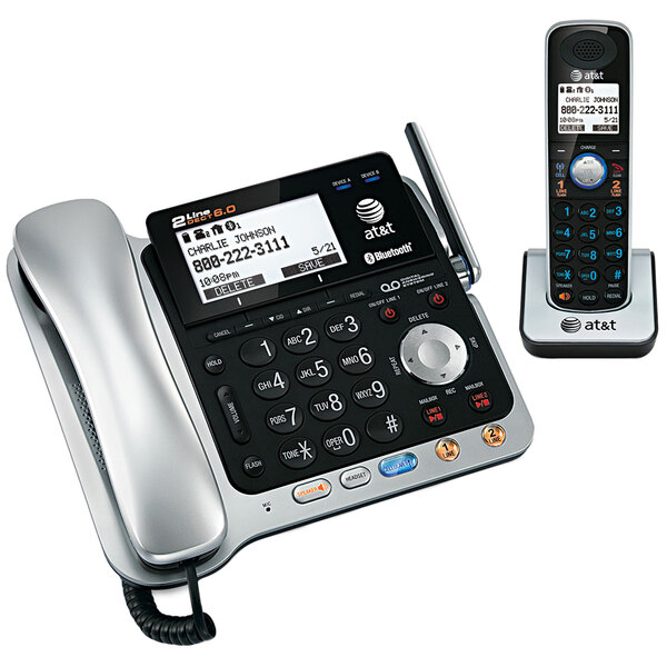 A close-up of an AT&T corded and cordless phone system.