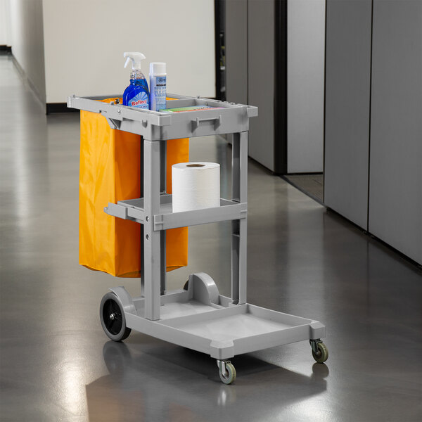 Lavex Janitorial Gray Cleaning Cart / Janitor Cart with 3 Shelves and Vinyl Bag