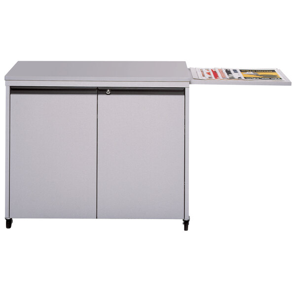 A white Swingline GBC laminator cabinet with a sliding door and two drawers.