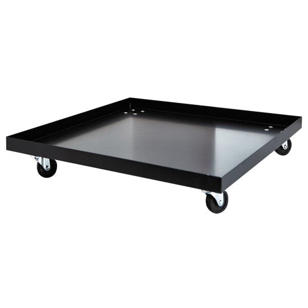 A black steel tray on wheels.