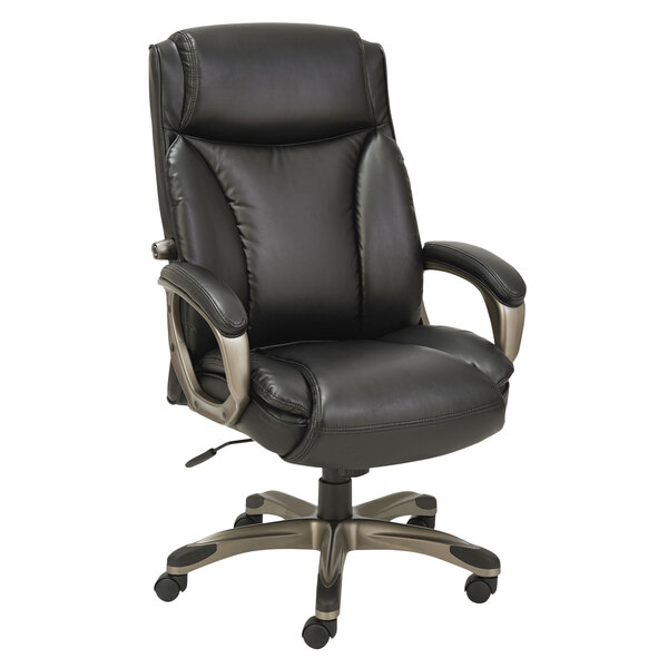 A black Alera Veon Series high-back leather office chair with arms and wheels on a chrome base.