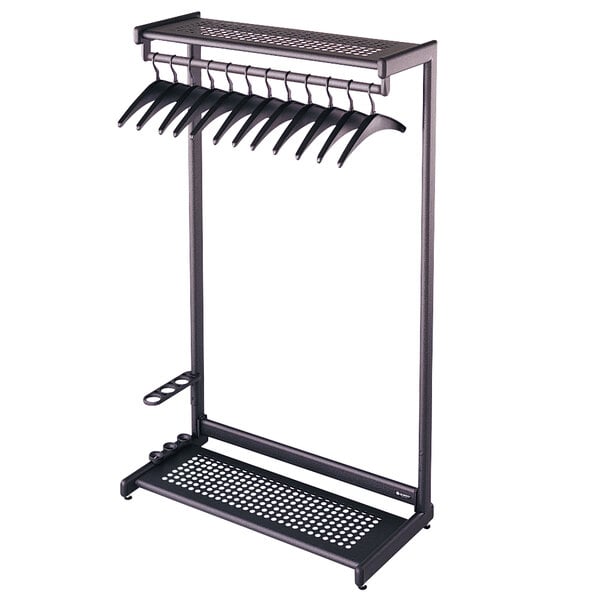A black metal Quartet garment rack with two shelves and 12 hangers.