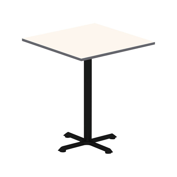 A white square table top with a black base.