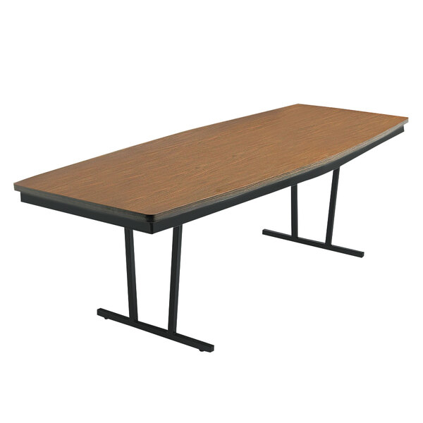 A Barricks walnut rectangular folding table with black legs.