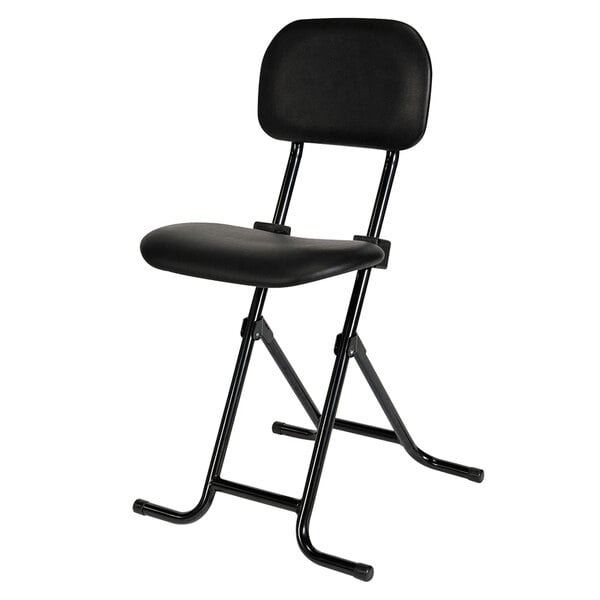 An Alera black folding stool with a metal frame.