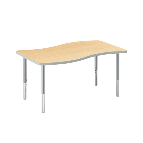 A rectangular wooden table top with curved edges.