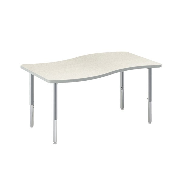 A white table with a silver ribbon shaped mesh laminate top.