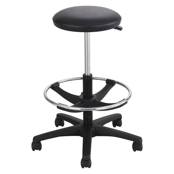 A black Safco extended-height lab stool with a round seat and wheels.