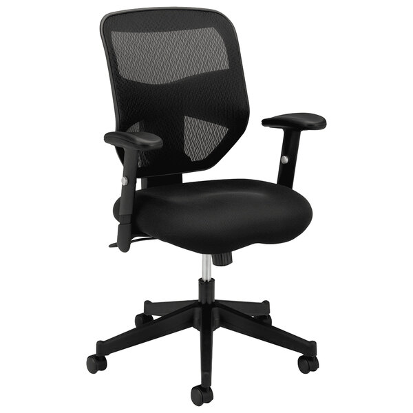 A HON black mesh office chair with black seat.