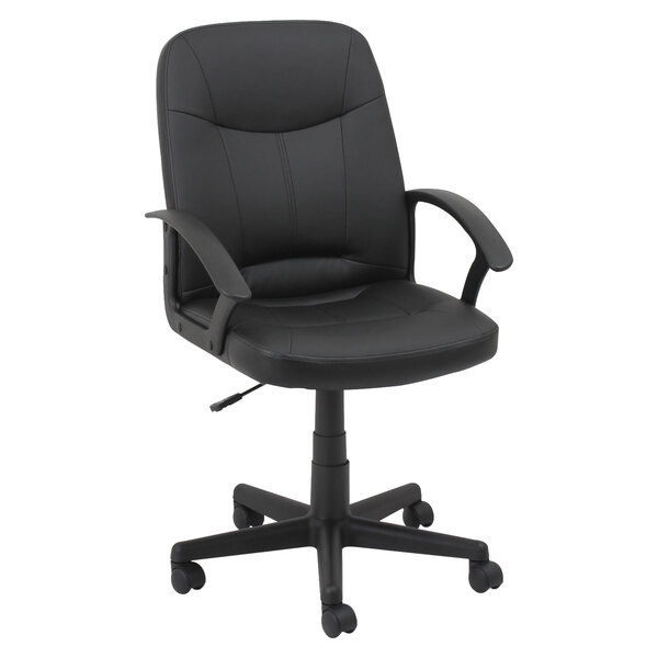 A black OIF leather swivel office chair with wheels.