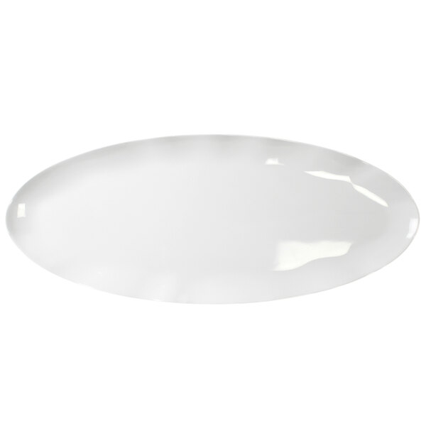 A white oval Thunder Group melamine platter with a white rim.