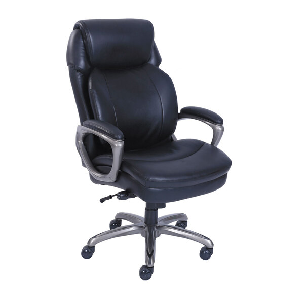 A Serta black leather office chair with chrome legs.