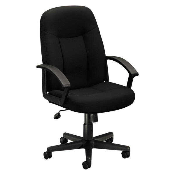 A black HON Basyx VL601 Series office chair with arms and wheels.