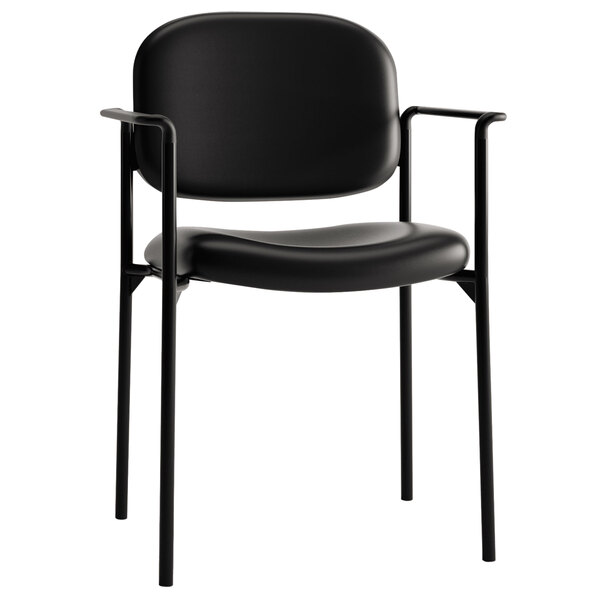 HON Scatter Black Leather Stackable Guest Chair with Fixed Arms