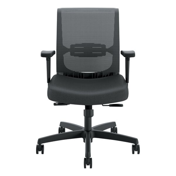 A black HON Convergence office chair with black fabric seat and arms and wheels.