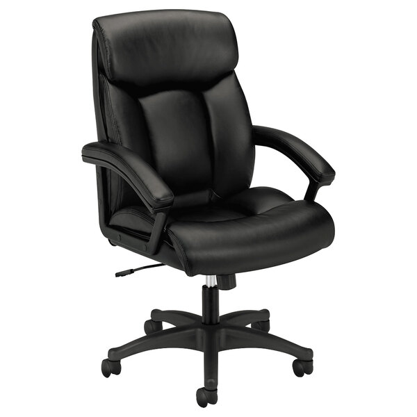 A black leather HON office chair with polished aluminum arms and wheels.