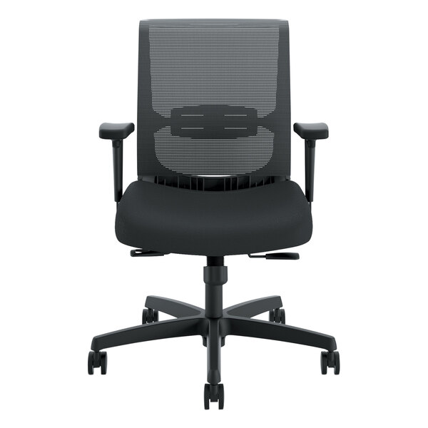 A black HON Convergence office chair with black mesh and vinyl and wheels.
