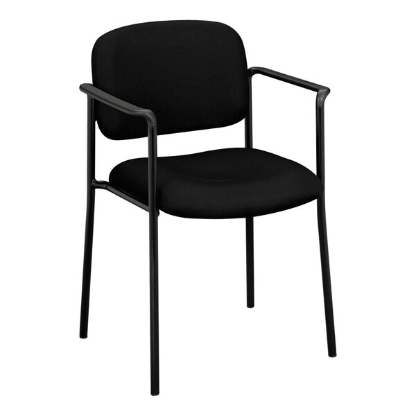 A black HON Basyx stackable guest chair with arms and a black seat.